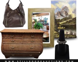 Fostoria, pearl necklace, evaporation cooler, Cole Haan, Vera Bradley, Coach, Ethan Allen, Kennedy half dollar, z Gallerie furniture, Indian head pennies, religious decor, Franciscan glassware, McCoy stoneware, and more!