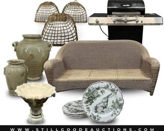 Lazyboy lift recliner, Oneida flatware, vaseline glass, student desk, Victorian furniture, Kitchenaid stand mixer, sewing machine, Silpada jewelry, Dazey butter churn, Blenko glass, Longaberger, bird baths, Kendra Scott, Steelcase chairs, Anne Klein, Lenox, patio furniture, Dutch girl cookie jar, and more!
