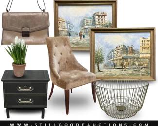Whirlpool washing machine and dryer, vinyl record albums, antique walking canes, vintage sewing patterns, small appliances, Cuisinart dutch oven, Scentsy, cowboy boots, and much more!