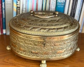 Sri Lanka solid Brass footed case with emboseed animals Vintage