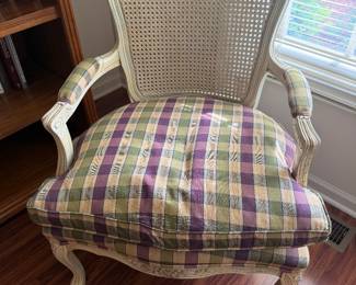 Caned back chair with plaid gingham upholstered seat 