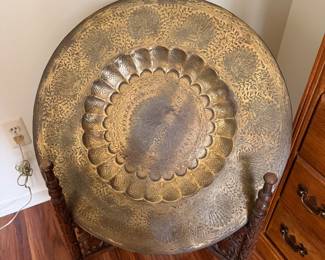 Large Sri Lankan solid Brass engraved plate on teak ornate stand vintage