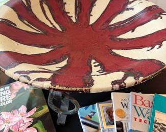 Gorgeous hand thrown large pottery bowl with cast iron base