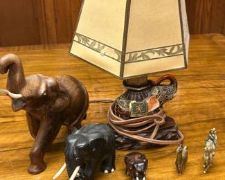 Carved Elephant Figurines and Elephant Table Lamp