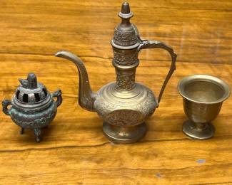 Vintage Brass Ewer w/ Incense Burner and Brass Cup