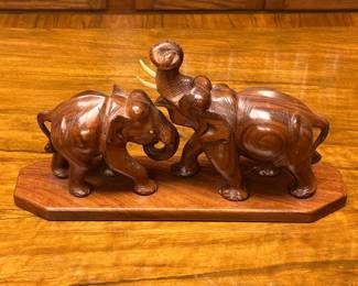Wooden Sculpture of Fighting/Playing Elephants