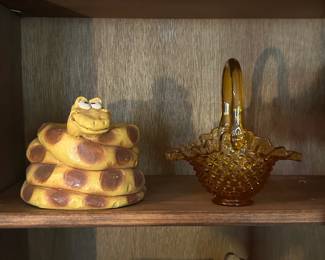 Coiled Snake Figurine and Fenton Amber Glass Basket