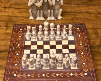 Inlaid Chess Board w/ Ivory Pieces