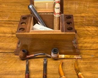 Assorted Pipes and Humidor w/ Cigar Accessories