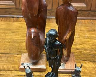 Assorted Carved Wooden Statues and Metal Figurines