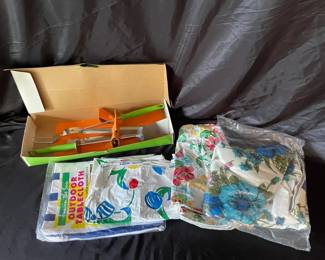 Lot Of Round Vinyl Outdoor Table Cloths And Grill Tools