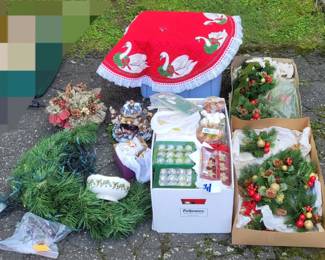 Lot of Holiday Decor Including Tree Skirt with Swans