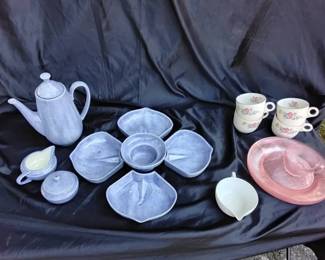 Lot Including Handmade Blue Coffee Pot And Snack Set