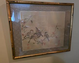 vintage East Asian watercolor or gouache painting on silk (or paper mimicking silk) featuring a group of small birds