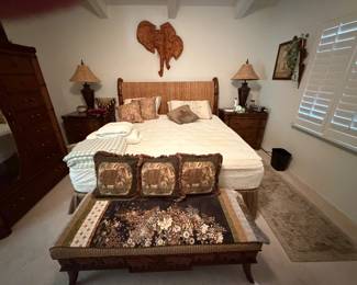 Master bedroom, bed, frame and headboard, Tommy BAHAMA, plus side tables, lamps, beautiful carved wood elephant hanging sculpture, bench in front of bed