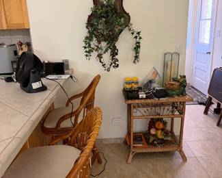 Wall decor, rattan two tier table, barstools