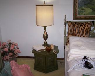 BRASS PINEAPPLE LAMP & HEXAGONAL STAND--ONE OF A PAIR