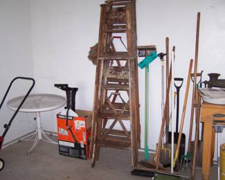 STEP LADDERS, BROOMS, & ROUND METAL TABLE