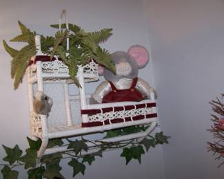WICKER WALL RACK & STUFFED MOUSE