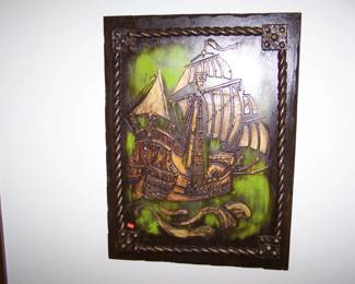 SHIP ON WOODEN PLAQUE