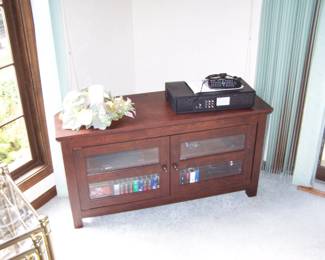 TV STAND, OLDER ELECTRONICS & VCR TAPES