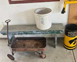 5 gal crock, rough condition child wagon.  Old bench.