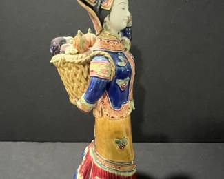 Vintage Chinese Wucai Porcelain Figurine of a Woman with Basket