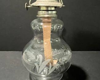 Glass Oil Lamp with Etched Laurel Wreath Design