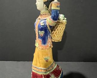 Vintage Chinese Wucai Porcelain Figurine of a Woman with Basket