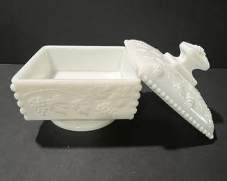 Westmoreland Milk Glass Covered Candy Dish with Beaded Grape Motif