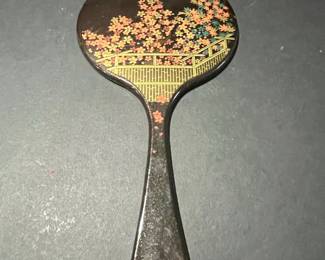 Vintage Japanese Lacquer Hand Mirror with Cherry Blossom and Bridge Design