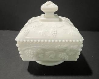 Westmoreland Milk Glass Covered Candy Dish with Beaded Grape Motif