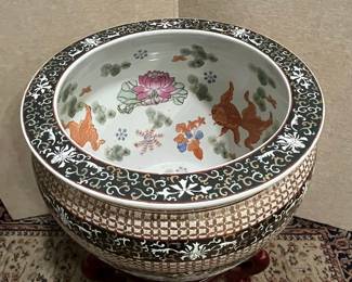 Chinese Famille Rose Porcelain Fish Bowl with Wooden Stand