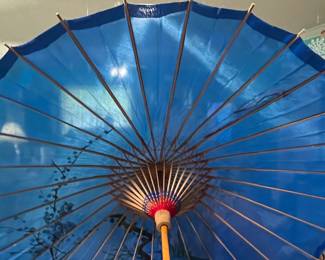 Vintage Blue Silk Parasol with Hand-Painted Cherry Blossom and Moon Design