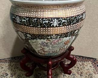 Chinese Famille Rose Porcelain Fish Bowl with Wooden Stand