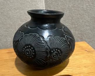 Barro Negro Mexican Pottery Vase with Embossed Floral Pattern