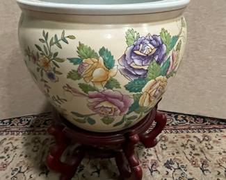 Vintage Chinese Porcelain Fish Bowl Planter with Floral Motif and Wooden Stand