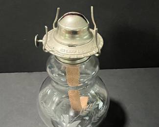 Glass Oil Lamp with Etched Laurel Wreath Design