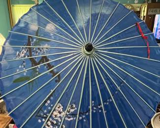 Vintage Blue Silk Parasol with Hand-Painted Cherry Blossom and Moon Design