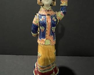 Vintage Chinese Wucai Porcelain Figurine of a Woman with Basket