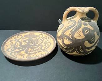 Minoan Style Ceramic Vase and Plate Set - Octopus Motif