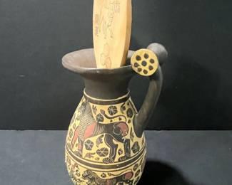 Handmade Greek-style Ceramic Pitcher with Wooden Stopper - Corinthian Period Replica
