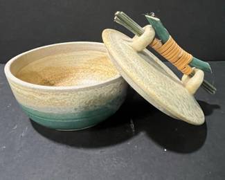 Handcrafted Stoneware Covered Bowl with Willow Handle