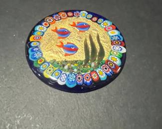 Murano Millefiori Glass Paperweight with Fish and Aquatic Plants