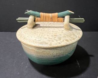 Handcrafted Stoneware Covered Bowl with Willow Handle