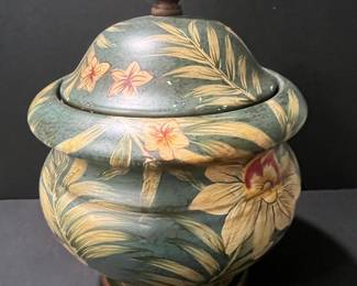 Hand-Painted Orchid and Foliage Decorative Urn with Lid
