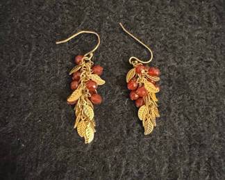 Vintage Gold-Tone Leaf and Carnelian Cluster Earrings