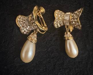 Vintage Rhinestone Bow and Faux Pearl Drop Clip-On Earrings