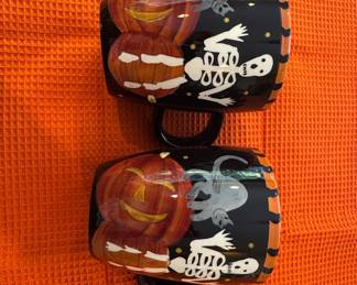 Halloween Skeleton, Pumpkin, and Cat Ceramic Mugs