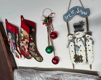 Lot of 3 Needlepoint Christmas Stockings and "Let it Snow" Snowman Wall Sign